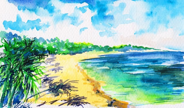 Hand painted tropical beach with green palm trees on white sand under blue sky